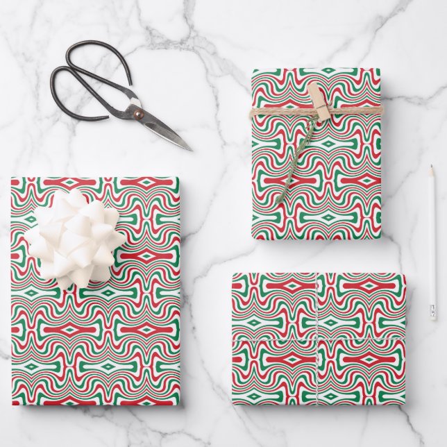Trippy Retro Groovy Squiggly Christmas Pattern Wrapping Paper Sheets (Front)