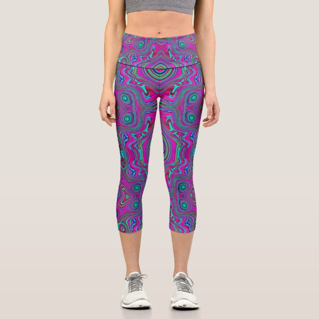 Trippy Retro Magenta, Blue and Green Abstract Capri Leggings (Front)