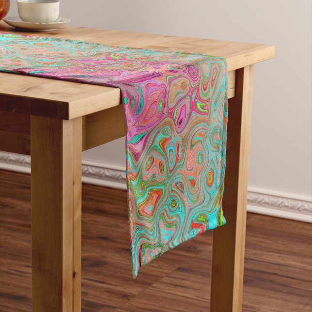 Trippy Retro Orange and Aqua Groovy Abstract Art Long Table Runner (In Situ)
