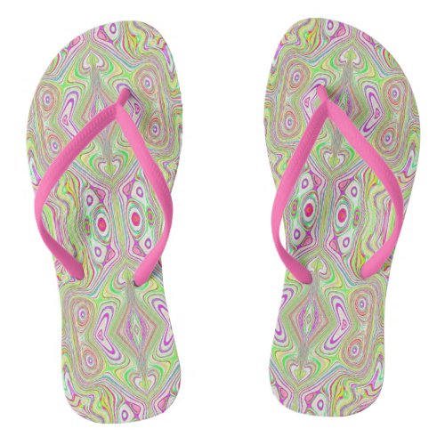 Trippy Retro Pink and Lime Green Abstract Pattern Flip Flops