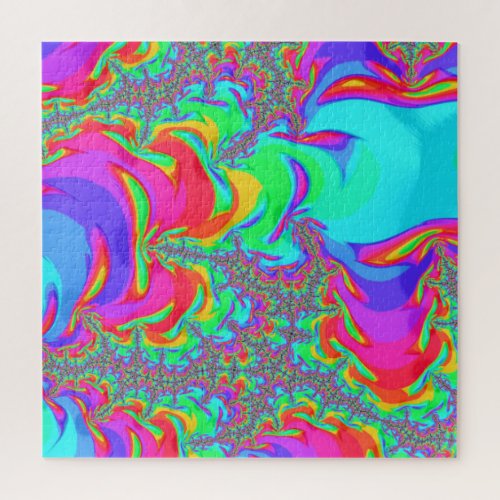 Trippy Retro Vibrant Neon Rainbow Fractal Art Jigsaw Puzzle