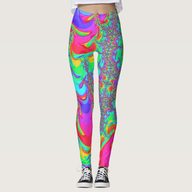 Trippy Retro Vibrant Neon Rainbow Fractal Art Leggings (Front)