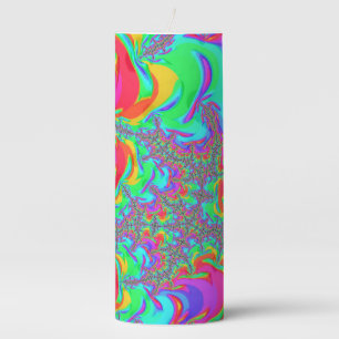 Trippy Retro Vibrant Neon Rainbow Fractal Art Pillar Candle