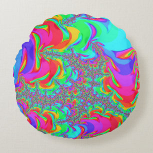 Trippy Retro Vibrant Neon Rainbow Fractal Art Round Pillow