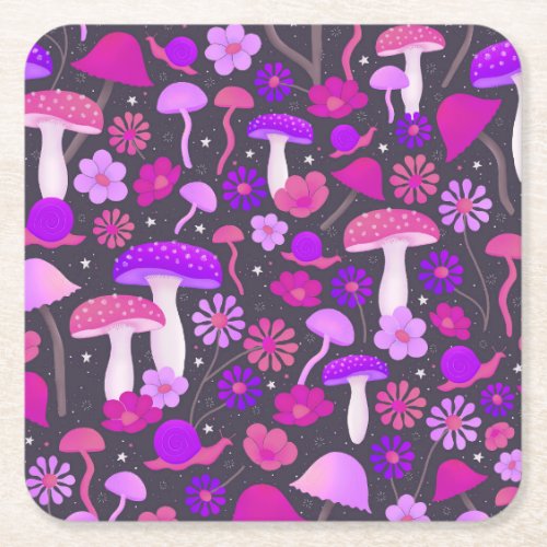 Trippy Seventies Mushrooms Pink Purple  Black Square Paper Coaster