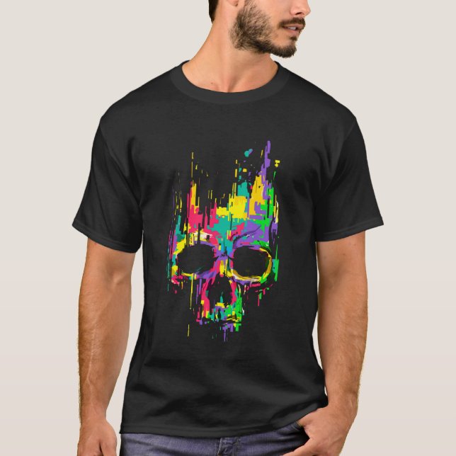 Trippy Skull Pixel Effects EDM Rave Festival House T-Shirt (Front)