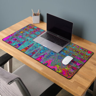 Trippy Sky Blue Abstract Retro Atomic Waves Desk Mat