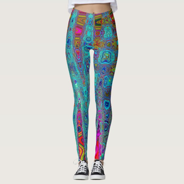 Trippy Sky Blue Abstract Retro Atomic Waves Leggings (Front)