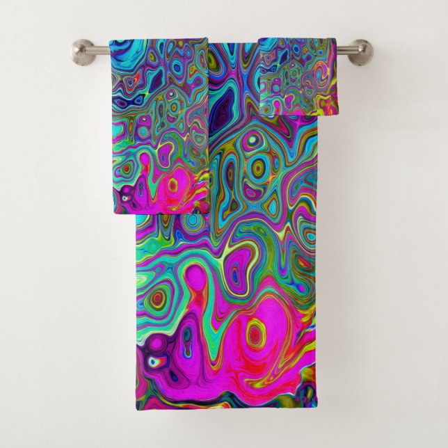 Trippy Sky Blue Abstract Retro Liquid Swirl Bath Towel Set (Insitu)