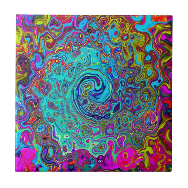 Trippy Sky Blue Abstract Retro Liquid Swirl Ceramic Tile (Front)