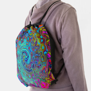 Trippy Sky Blue Abstract Retro Liquid Swirl Drawstring Bag