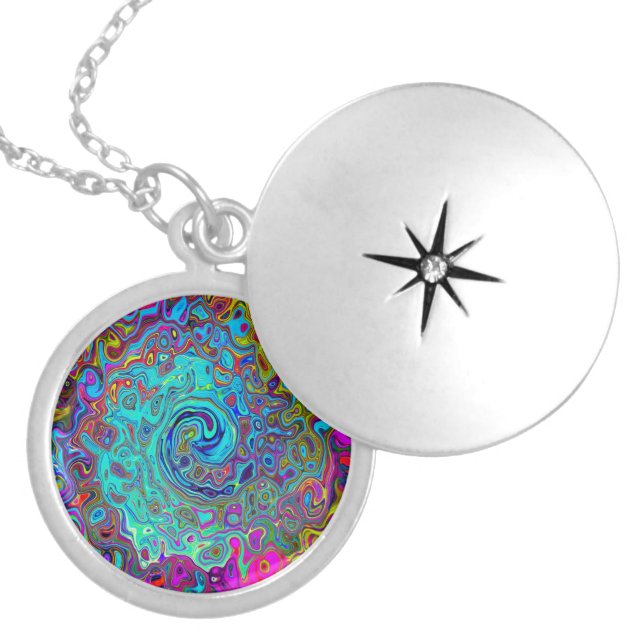 Trippy Sky Blue Abstract Retro Liquid Swirl Locket Necklace (Front)