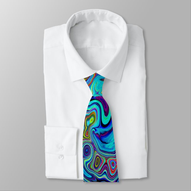 Trippy Sky Blue Abstract Retro Liquid Swirl Neck Tie (Tied)