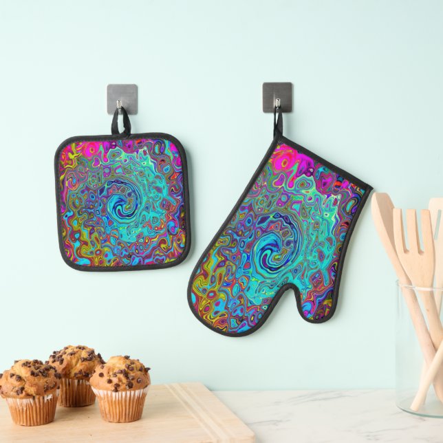 Trippy Sky Blue Abstract Retro Liquid Swirl Oven Mitt & Pot Holder Set (Insitu(Hanging))