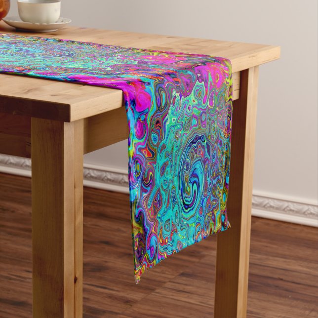 Trippy Sky Blue Abstract Retro Liquid Swirl Short Table Runner (In Situ)