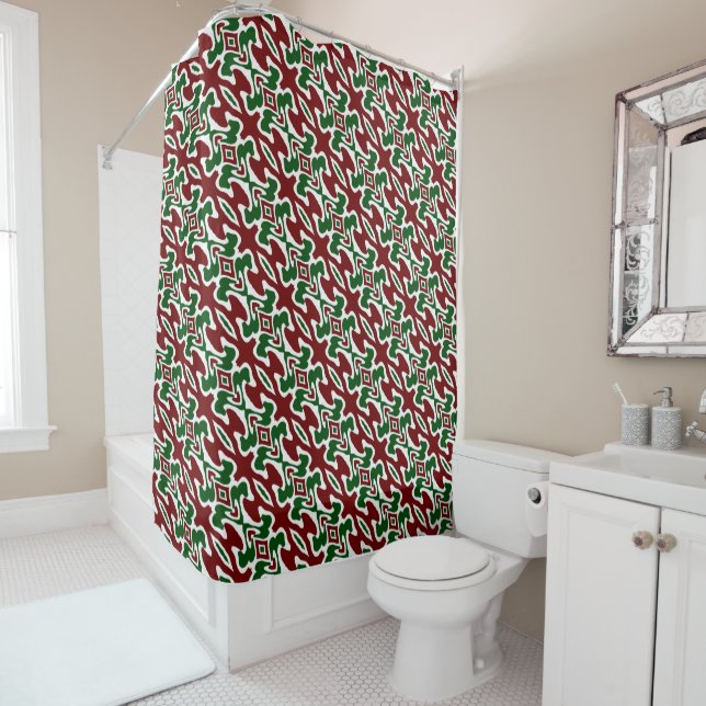 Trippy Squiggly Retro Mod Christmas Stripe Pattern Shower Curtain (In Situ)