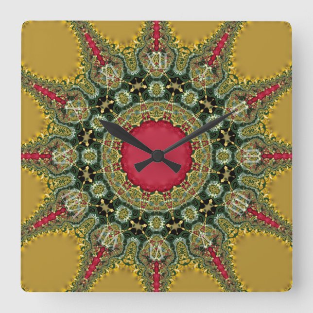 Trippy Time Fractal Lace Groovy Mandala Square Wall Clock (Front)