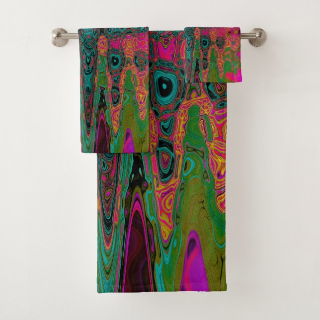 Trippy Turquoise Abstract Retro Atomic Waves Bath Towel Set (Insitu)