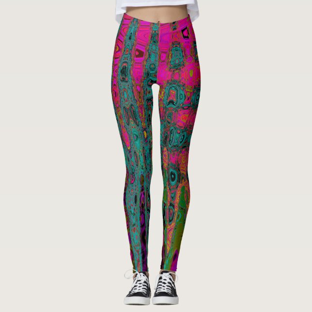 Trippy Turquoise Abstract Retro Atomic Waves Leggings (Front)