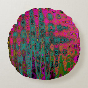 Trippy Turquoise Abstract Retro Atomic Waves Round Pillow