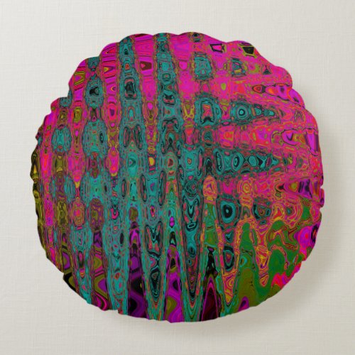 Trippy Turquoise Abstract Retro Atomic Waves Round Pillow