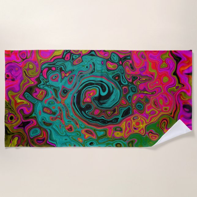 Trippy Turquoise Abstract Retro Liquid Swirl Beach Towel (Front)