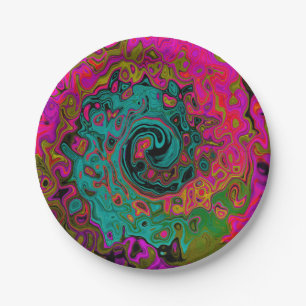 Trippy Turquoise Abstract Retro Liquid Swirl Paper Plates