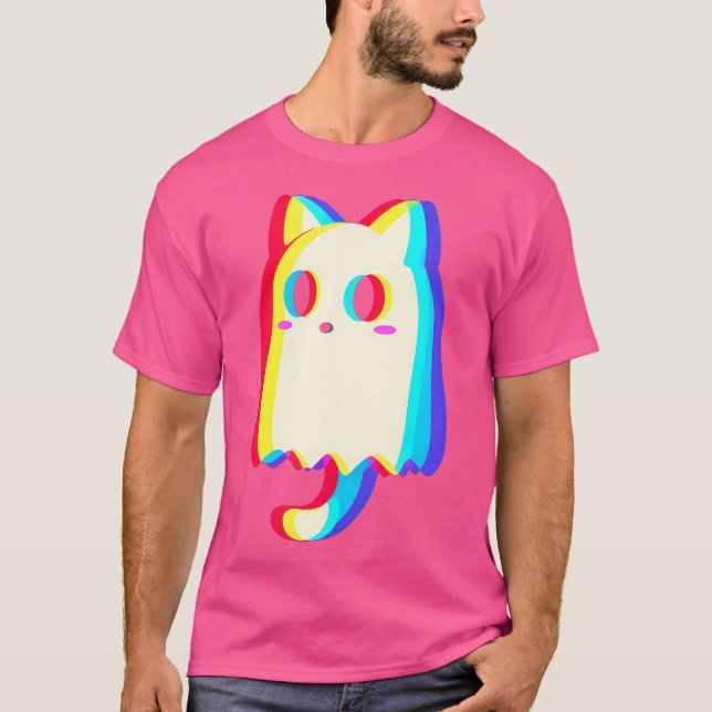 Trippy Vaporwave Ghost Cat Halloween Techno Rave E T-Shirt (Front)