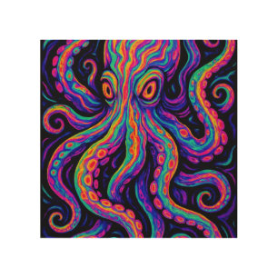 Trippy Vibrant Octopus  Wood Wall Art