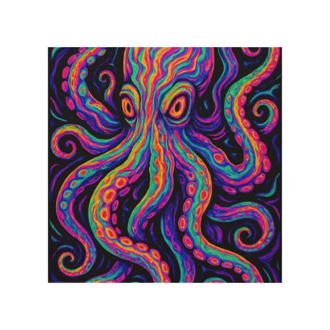 Trippy Vibrant Octopus  Wood Wall Art (Front)