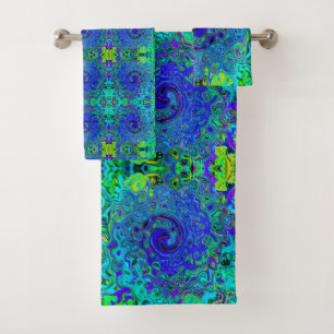 Trippy Violet Blue Abstract Retro Liquid Swirl Bath Towel Set