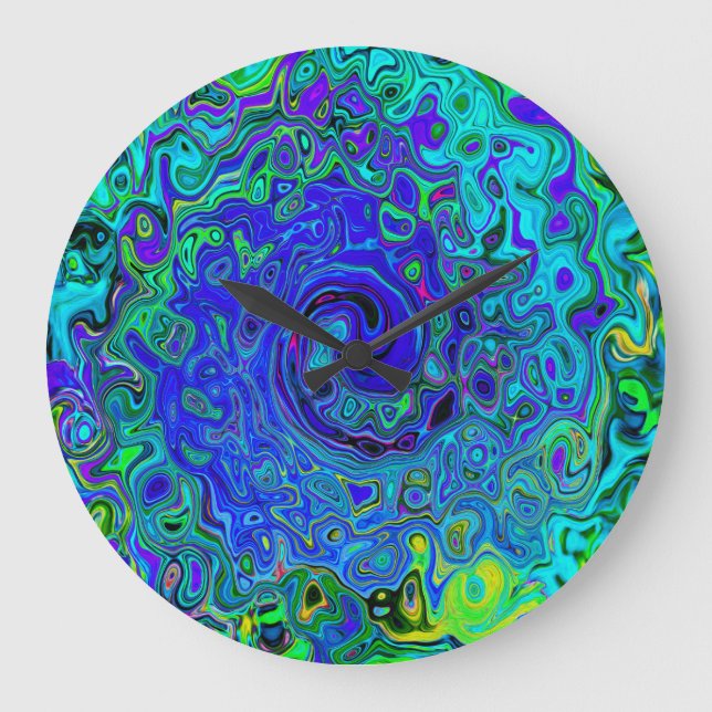 Trippy Violet Blue Abstract Retro Liquid Swirl Large Clock (Front)