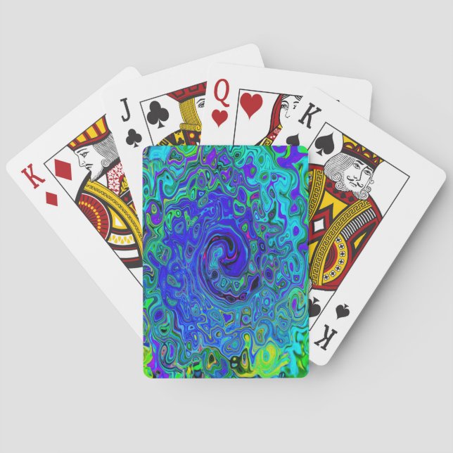 Trippy Violet Blue Abstract Retro Liquid Swirl Poker Cards (Back)