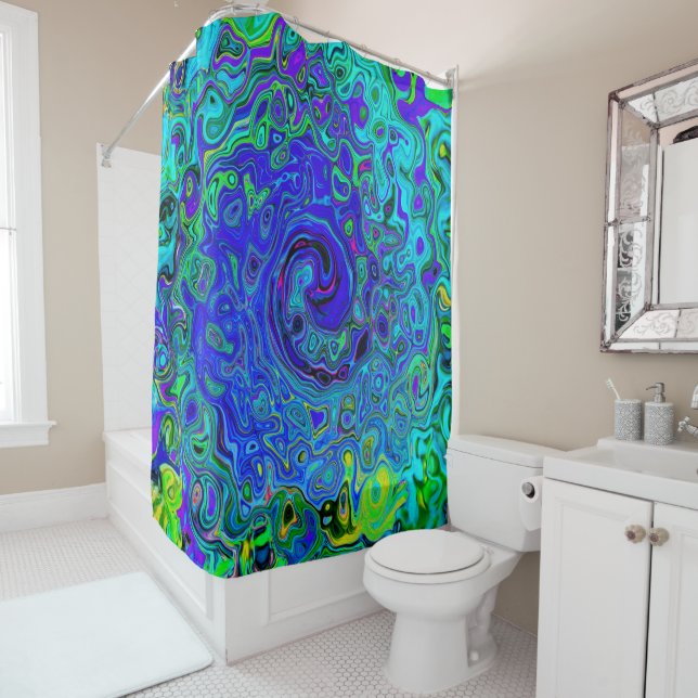 Trippy Violet Blue Abstract Retro Liquid Swirl Shower Curtain (In Situ)