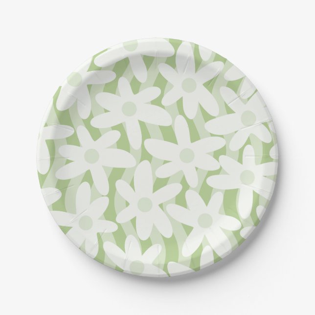 Trippy Wavy Flowers Pastel Sage Green Pattern Paper Plates (Front)