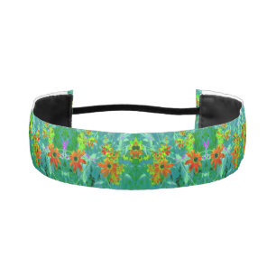 Trippy Yellow and Red Wildflowers on Retro Blue Athletic Headband