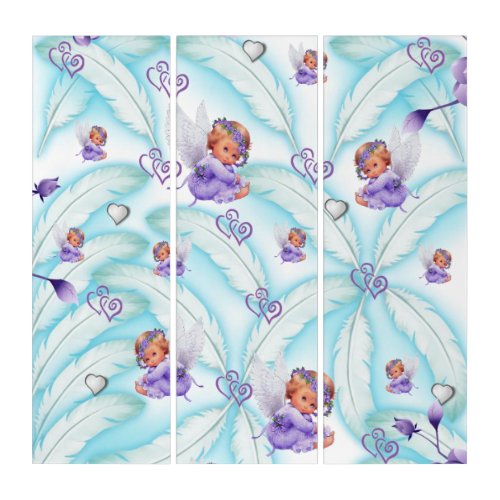 Triptych Angels Blue Feathers Purple Hearts