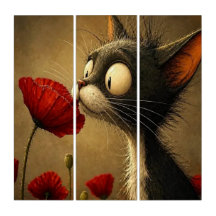 Triptych Black & White Cat Red Flower Floral