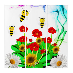 Triptych Bumblebee White Daisy Sunflower
