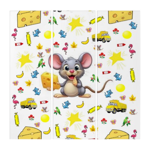 Triptych Cute Mouse Yellow Cheese Stars Trucks Cat