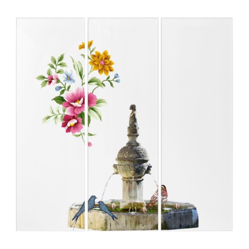 Triptych Floral Flowers Birds Fountain