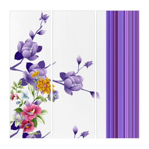 Triptych Floral Flowers Purple Stripes