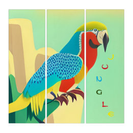 Triptych Jungle! Happy Exotic Bird Abstract Art