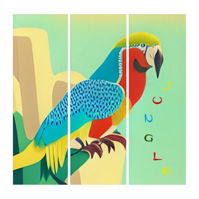 Triptych Jungle! Happy Exotic Bird Abstract Art (Front)