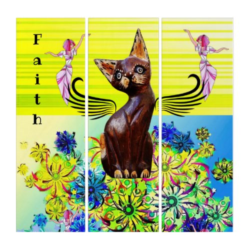 Triptych Kitten Cat Fairy Floral Stripe Faith