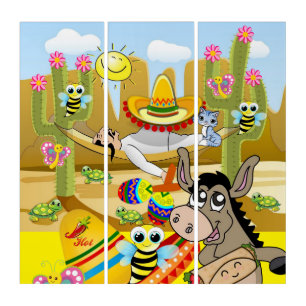 Triptych Mexican Man Donkey Butterfly Sombrero