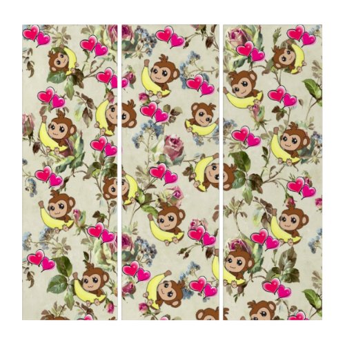 Triptych Monkey Bananas Pink Hearts