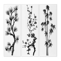 Triptych pine, cherry, bamboo black-white branches