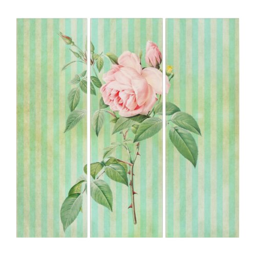 Triptych Pink Rose Floral Green  White Stripe