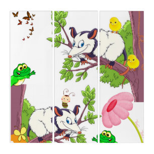 Triptych Possum Frog Chick Floral